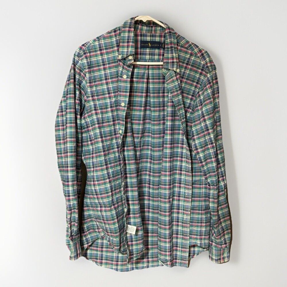 RALPH LAUREN Men L Preppy Summer Coastal Plaid Shirt Multicolor Green 100%Cotton